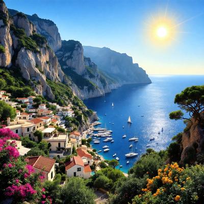 The primary subject of the image is a picturesque coastal scene featuring a large body of water, a mountain, and a town. The setting is a beautiful coastal area with a mountain in the background and a town situated on the waterfront. The visual style of the image is a photo, capturing the natural beauty of the landscape. The colors and mood of the image are vibrant and serene, with the blue water, greenery, and sunny weather creating a sense of tranquility and relaxation.